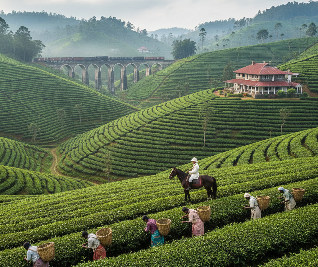 Plantation workers supervised by a coloniser
